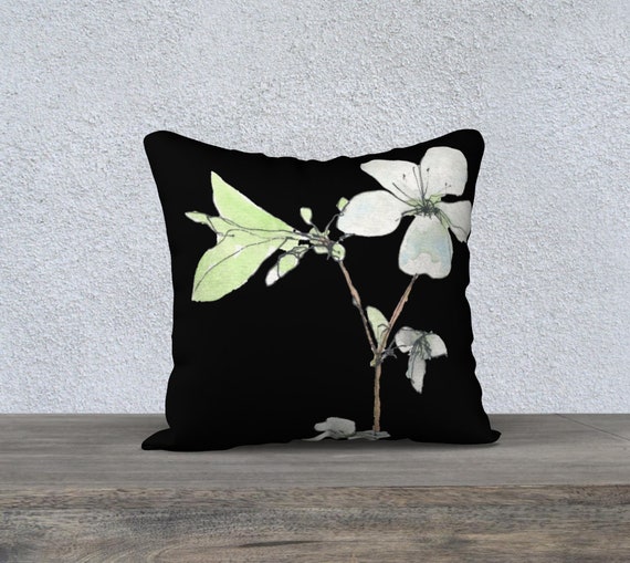 White Blossoms with black background, decorative pillow cover, art pillow, modern, dramatic, floral, watercolor, white, green and black