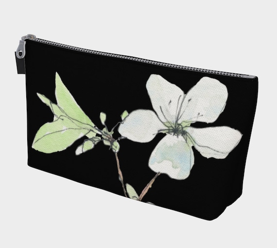 White Spring Blossoms Cosmetics Bag, Toiletry Bag, Makeup Bag, dramatic, exotic, modern, watercolour, black and white, sophisticated