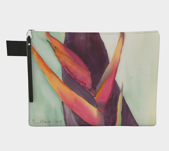 Heliconia & leaf zipper carry-all, clutch, tropical, modern, colourful, watercolour, exotic, botanical, statement purse, modern clutch