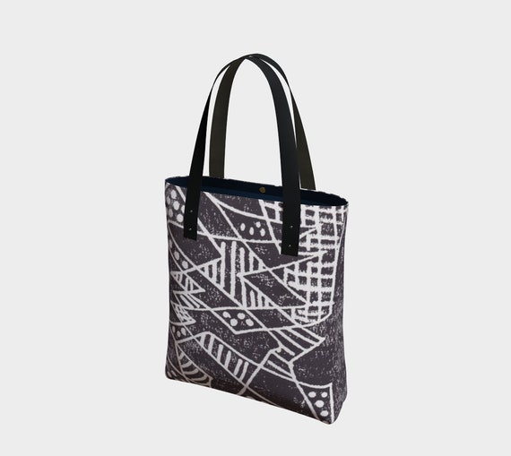Black & White Lines Dots, art tote, statement bag, abstract, geometric