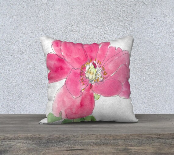 Pink Bubble Gum Peony art pillow cover, fun accent pillow, watercolour, summer, happy decor, pink and green