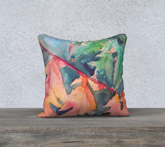 Orange Leaves Art pillow cover, decorative pillow cover, modern decor, watercolour, navy, green and orange