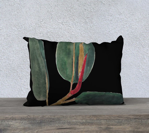 Dark Green Rubber Plant Black Background Rectangle Pillow Cover, Art Pillow, accent pillow, botanical, foliage, pop of red, watercolor