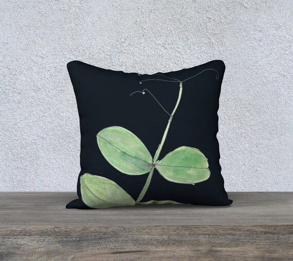 Pea Tendril with Black background, fresh green decorative pillow cover, accent pillow, art pillow case, botanical, watercolour, bold, modern