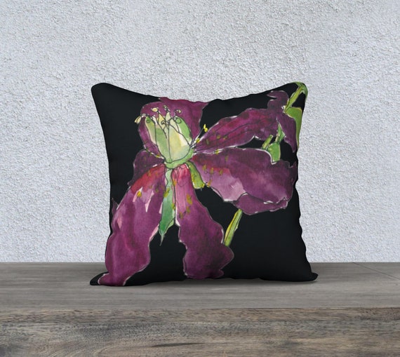 Burgundy dying tree peony, black background, art pillow cover, decorative pillow cover, modern decor, green and burgundy