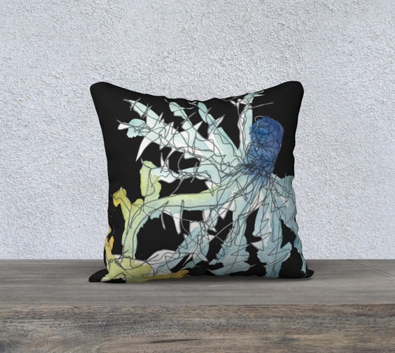 Blue Thistle Sea Holly Black Background art pillow cover, watercolour and ink sketch, decorative pillow cover, modern accent pillow, floral
