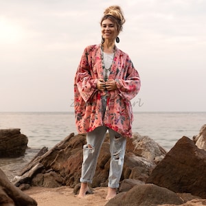 Velvet Kimono Jacket Bird of Paradise Blush Petal, Plus Size Robe | Mei