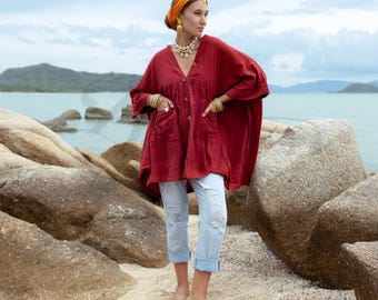 Plus Size Boho Kaftantopp – Bellina Sangria Bomullstunika med Fickor