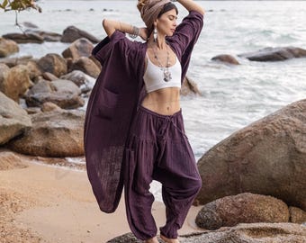 Handmade Cotton Kimono Duster: Mulberry Mist Boho Robe, Plus Size Loungewear - Willow