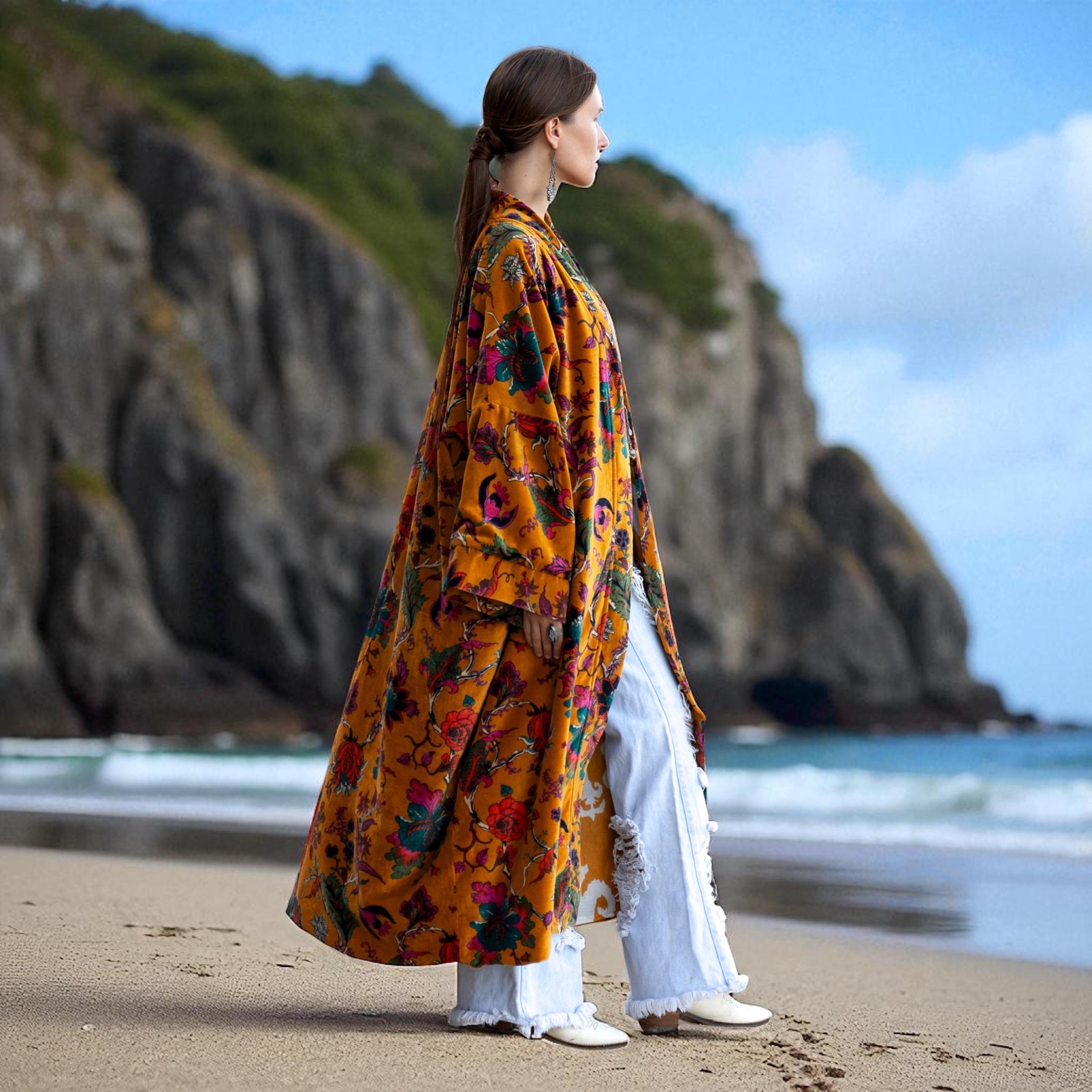 Plus Size Velvet Kimono Robe: Sunfire Tapestry Floral Duster - Mai