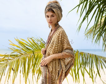 Sarong de voile de algodão com estampa de blocos de mão: cachecol de praia para cabelo - Bichi