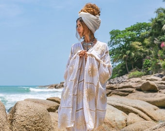 Handgemaakte gehaakte katoenen kimonostofdoek | Festivalcover-up – Flora van ZinniaPearl