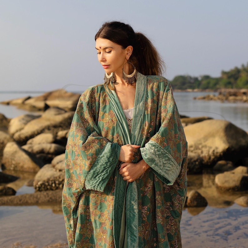 Jade Robe With Pockets Plus Size Velvet Kimono Duster: Embroidered Floral Boho Coat - Harper ...