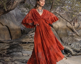 Vestido caftán de algodón rústico Sienna Lunette / Vestido maxi premamá bohemio de encaje