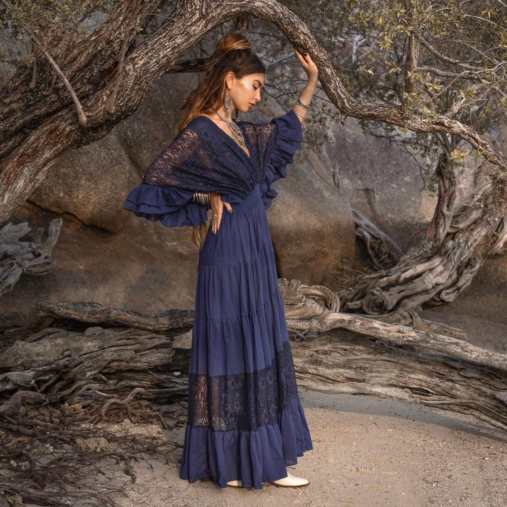 blue lace boho dress Fairy Dusty Blue Tulle Floral Lace Boho Prom Dress