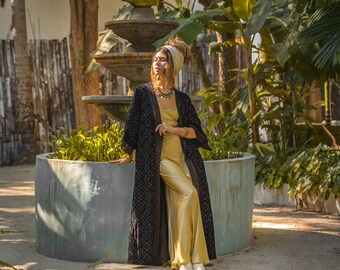 Vintage Laura Ashley black embroidered velvet maxi opera coat 