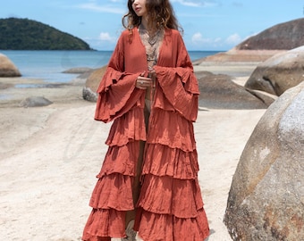 Kimono van katoengaas met ruches: terracotta vlam Bali-jack - Bali