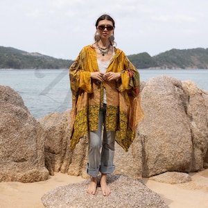 Runa Patchwork Vintage Silk Hoodie Poncho | Golden Earth | Boho Festival Top