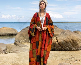 Plus Size Patchwork Kimono Duster: Boho Ethnic Cotton Jacket - Veda