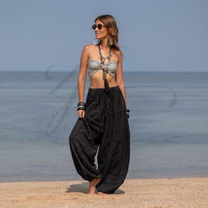 Pantaloni patchwork Chesa Raven / Pantaloni boho a gamba dritta in cotone nero, taglie forti