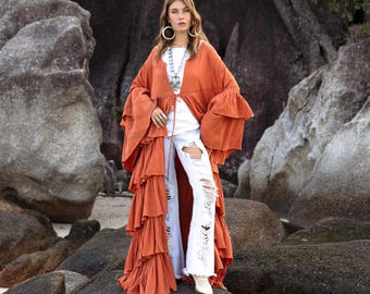 Verbrande oranje kimono van ruw katoen met ruches | Luxe boho festivalstofdoek | Bali