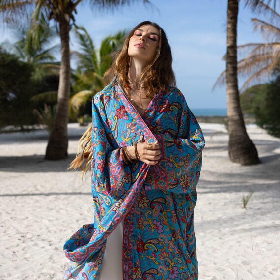 Silky Kimono Robe: Vintage Boho Chic Polysilk Duster Plus Size