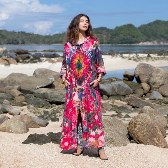 Electric Pink Tie-dye Duster Plus Size Festival Long Hoodie