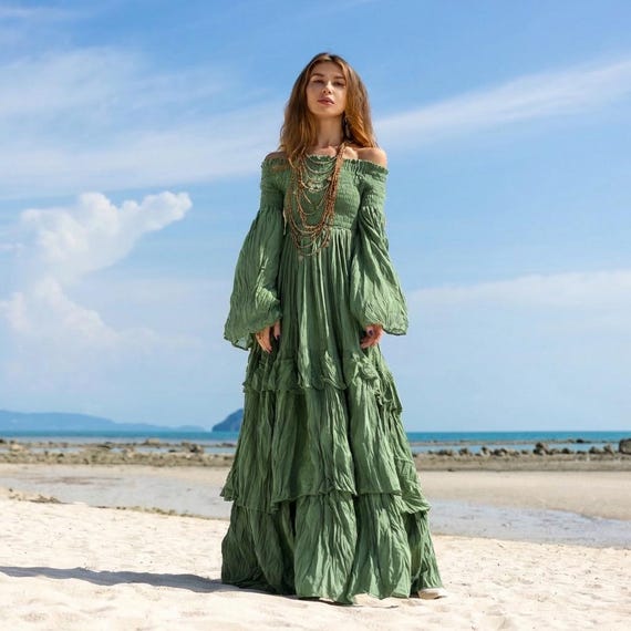 Boho Wedding Dress: Elderfern Green Cotton Off-Shoulder Gown - Lucia