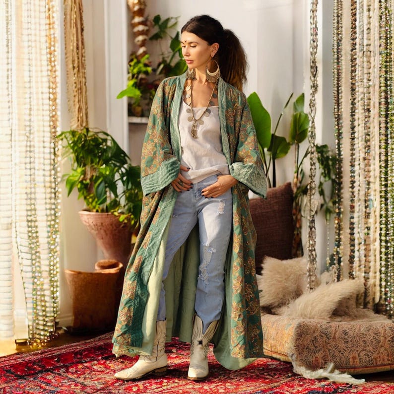 Jade Robe With Pockets Plus Size Velvet Kimono Duster: Embroidered Floral Boho Coat - Harper ...