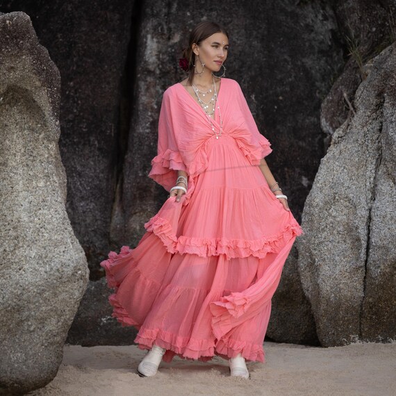 Vintage Peony Maxi Dress For Women – Cotton Boho Dress With Asymmetrical Hem, Raglan Sleeves, Cottagecore Summer Dress - View #2