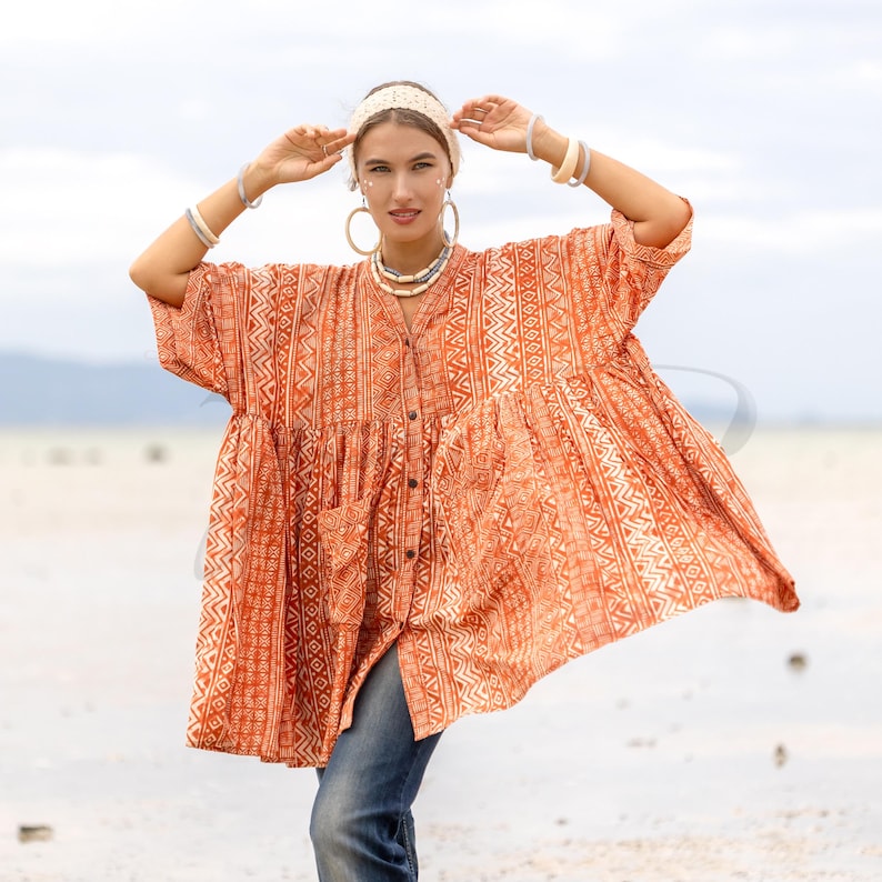 Aria Sienna Sands Cotton Kaftan Tunic Plus Size Boho Top With Pockets 