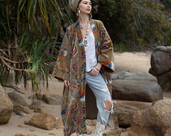 Floral Velvet Kimono Duster: Boho Chic Cotton Jacket