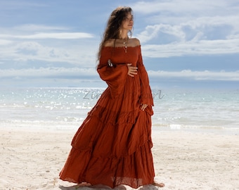 Lucia Brautkleid off-shoulder Boho Brautkleid Boho-Resort Urlaubskleid Regular Size Übergröße Baumwolle Mult. Größen Besondere Geschenke