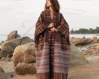 Kimono in cotone tessuto a mano taglie forti: Rust Terra Boho Duster - Imperial