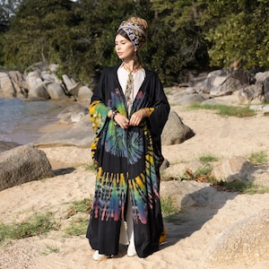 Plus Size Tie Dye Kimono Duster: Handmade Cotton Boho Robe - Aurora