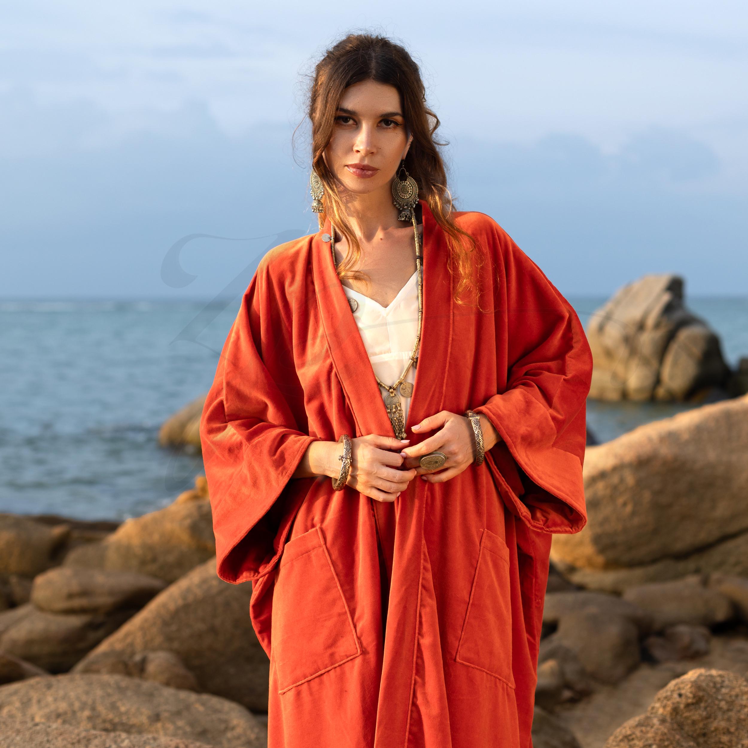 Jade Robe With Pockets Plus Size Velvet Kimono Duster: Fiery Ochre Boho Robe With Pockets ...