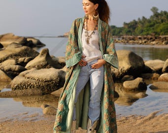 Plus Size Velvet Kimono Duster: Embroidered Floral Boho Coat - Harper jade