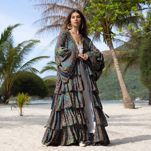 Bali Kimono: Silky Boho Ruffle Duster - Beach Coverup