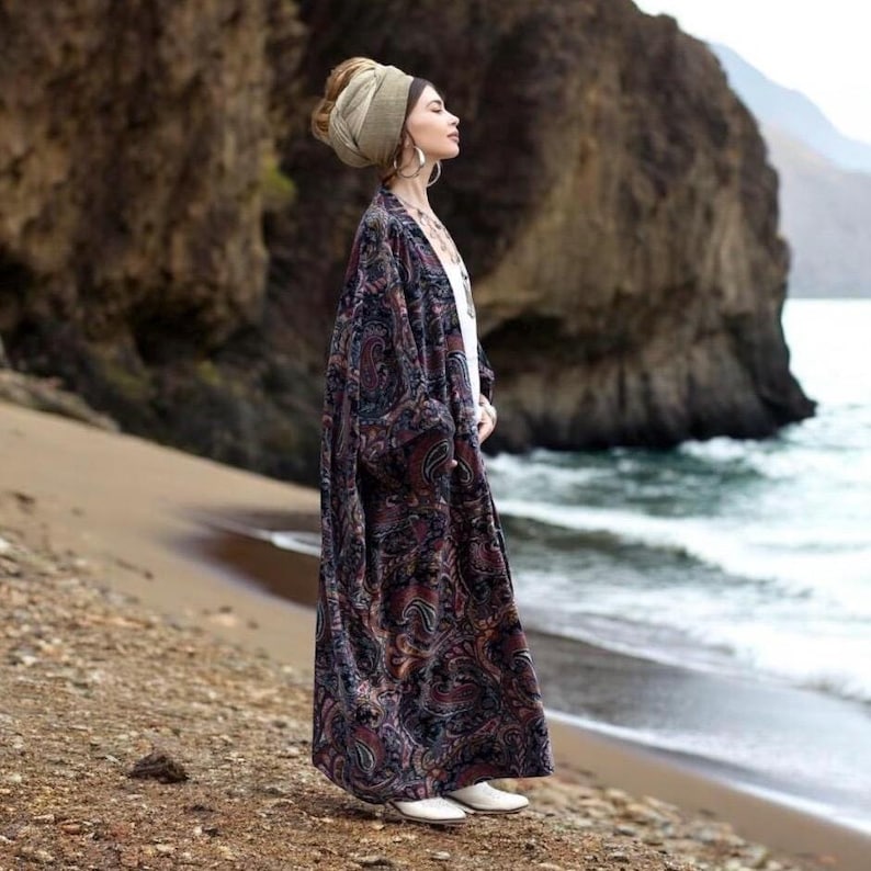 Jade Robe With Pockets Velvet Boho Kimono Robe – Harper Jade Paisley Duster With Pockets - Etsy