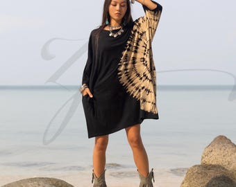 Plus Size Tie Dye Tunic Dress – Handmade Boho Festival Cotton Kaftan Top 1X-3X Galaxy