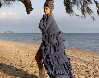 Grote maten Bali-kimono van ruw katoen – Blauwe leisteen gegolfde boho-huwelijksjurk