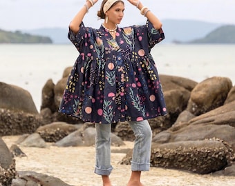 Tunique Aria de couleur Earth Bloom | Caftan bohème en coton grande taille avec poches