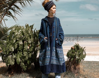 Handwoven Gheri Cotton Kimono Duster: Boho Patchwork Coat, Plus Size - Ottoman