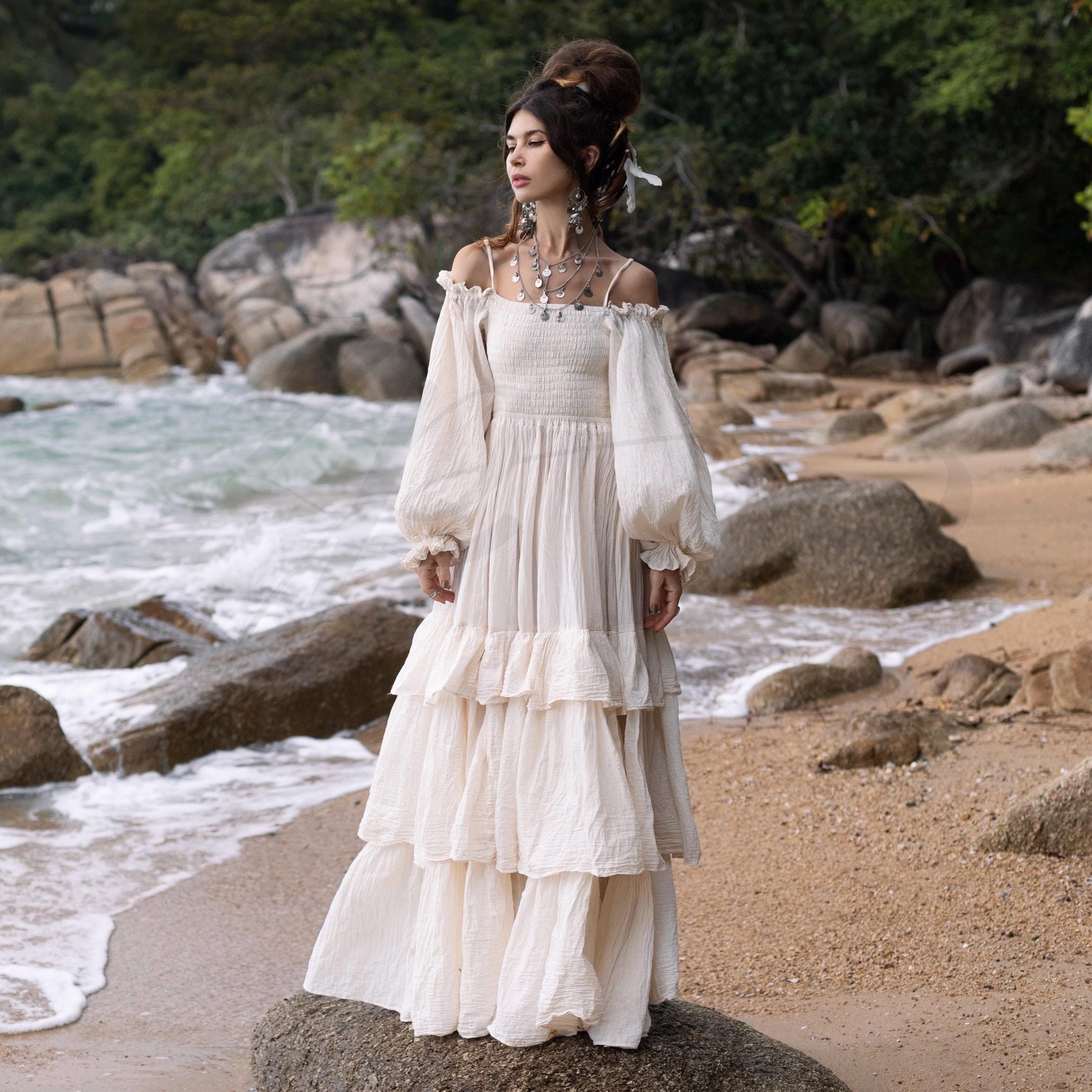 Rustic Raw Cotton Boho Wedding Dress: Tiered Poet Sleeves - Stella - Etsy