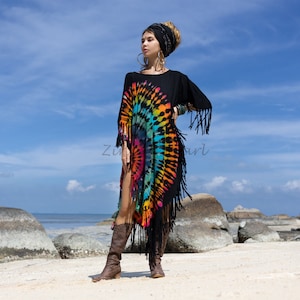 Ręcznie robiona bawełniana tunika tie-dye: narzutka boho z frędzlami - Arlo