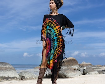 Handmade Tie-dye Cotton Tunic Dress: Boho Fringe Cover-Up - Arlo