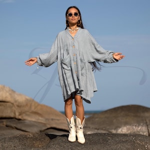 Plus Size Boho Tunic Dress: Crinkle Cotton Gauze, Moonwashed Indigo - Bellina
