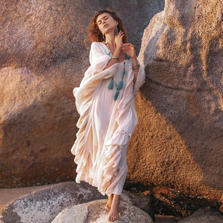 Boho Wedding Kaftan Dress Ruffle Trimmed Raw Cotton V-Neck - Wild Heart