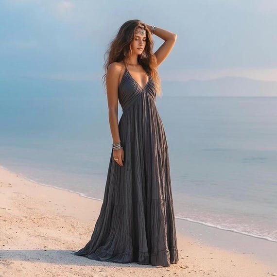 black flowy boho dress Raw Cotton Maxi Dress: Plus Size Smocked Gown | Natalie button front placket