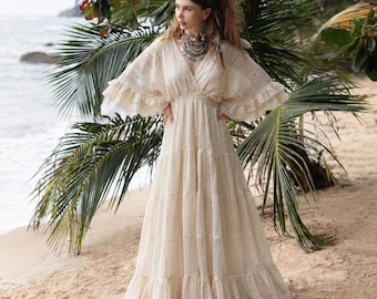 Vestido de novia bohemio de encaje de algodón de talla grande, vestido largo color beige antiguo
